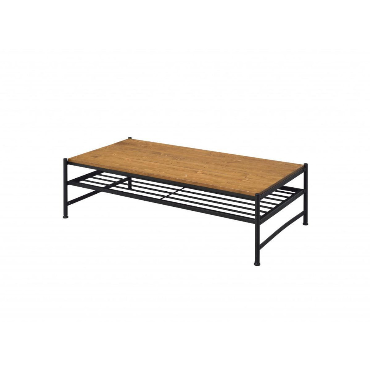 homeroots living room 47" Black And Oak Solid Wood Rectangular Coffee Table With Shelf 