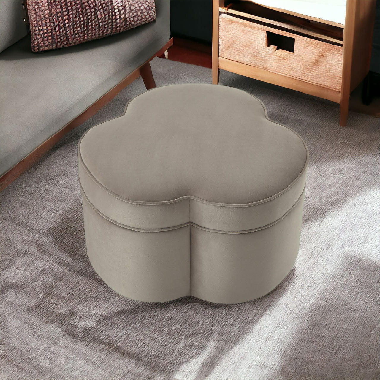 homeroots living room 28" Taupe Velvet Specialty Cocktail Ottoman 