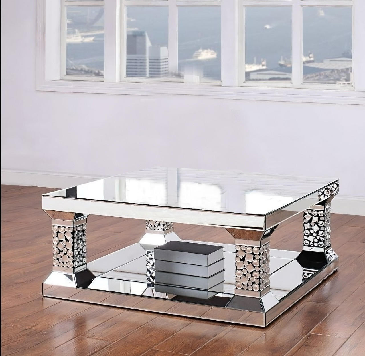 homeroots living room 40" Silver Mirrored Square Mirrored Coffee Table 