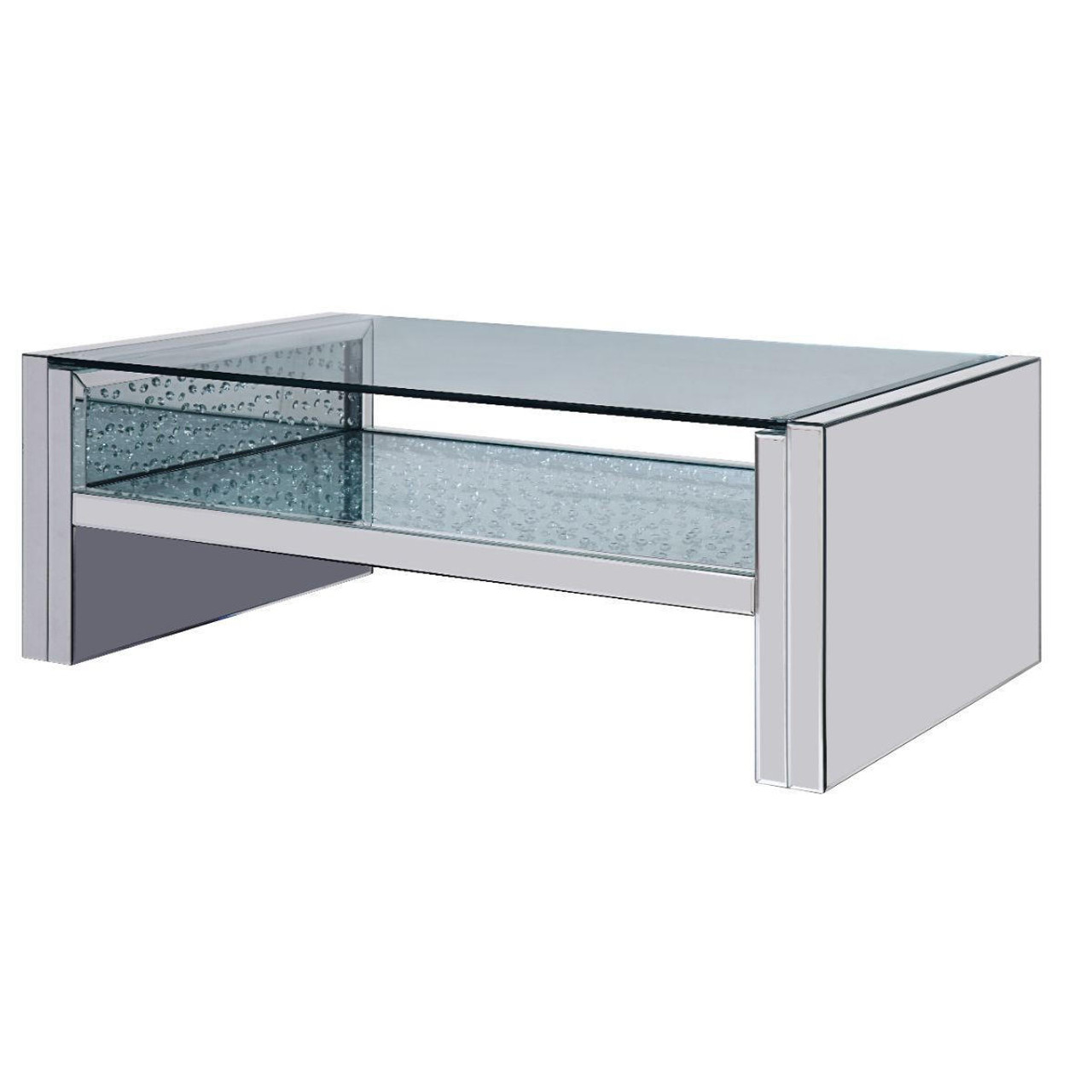 homeroots living room 47" Silver And Clear Glass Rectangular Mirrored Coffee Table With Shelf 