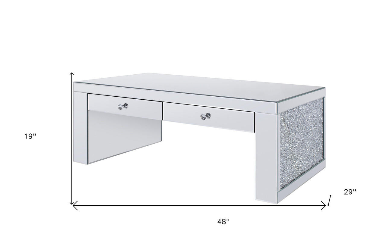 homeroots living room 48" Mirrored Mirrored Rectangular Mirrored Coffee Table With Two Drawers 