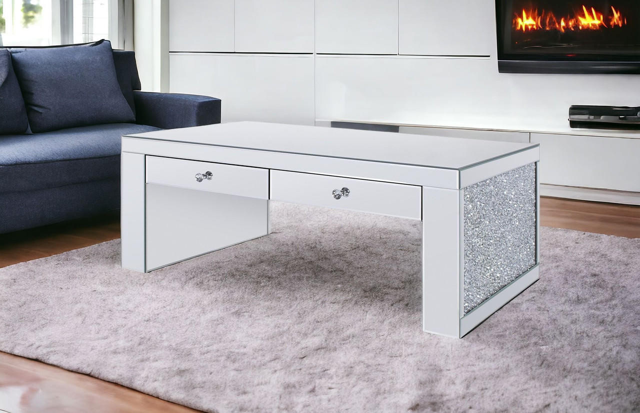 homeroots living room 48" Mirrored Mirrored Rectangular Mirrored Coffee Table With Two Drawers 