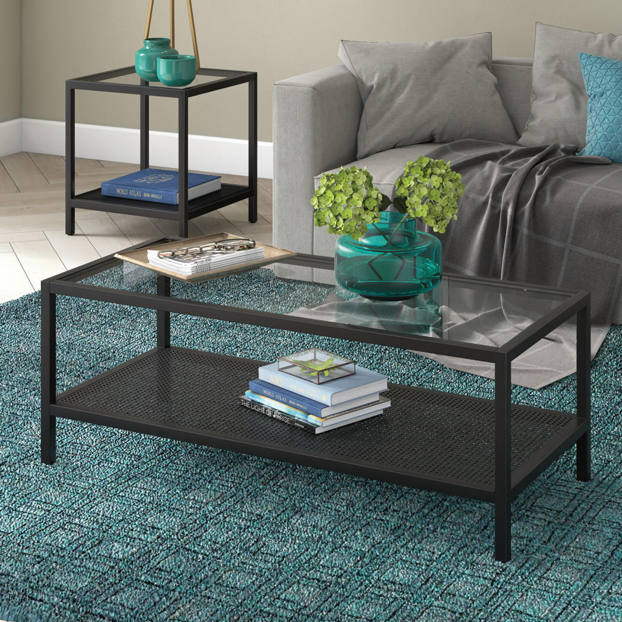 homeroots living room 45" Black Glass Rectangular Coffee Table With Shelf 