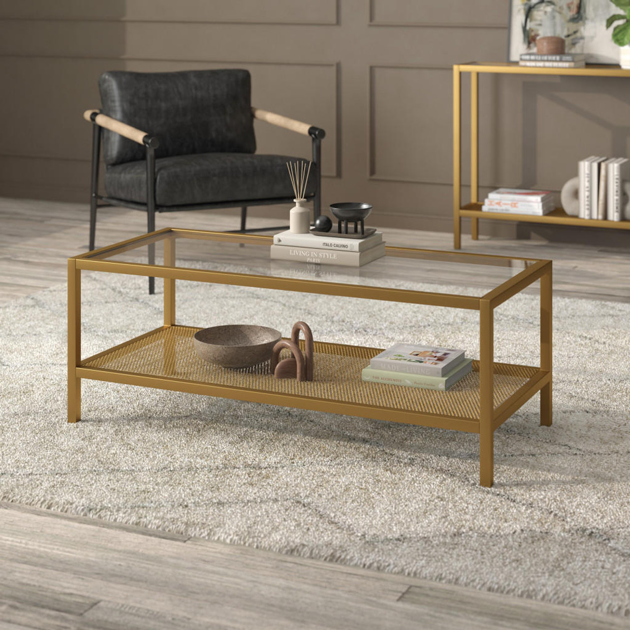 homeroots living room 45" Gold Glass Rectangular Coffee Table With Shelf 