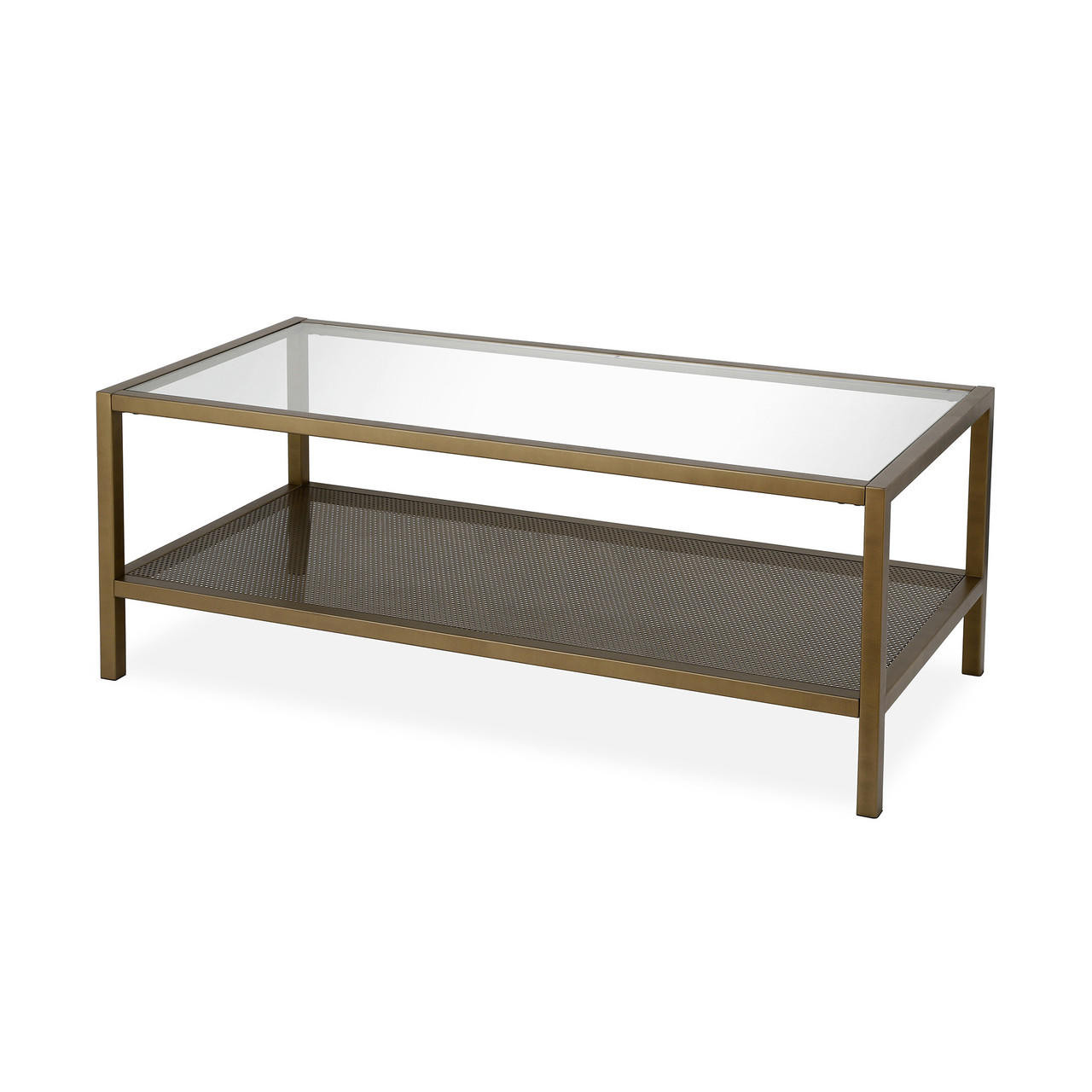 homeroots living room 45" Gold Glass Rectangular Coffee Table With Shelf 