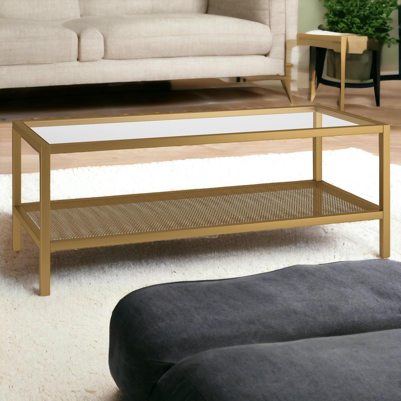 homeroots living room 45" Gold Glass Rectangular Coffee Table With Shelf 