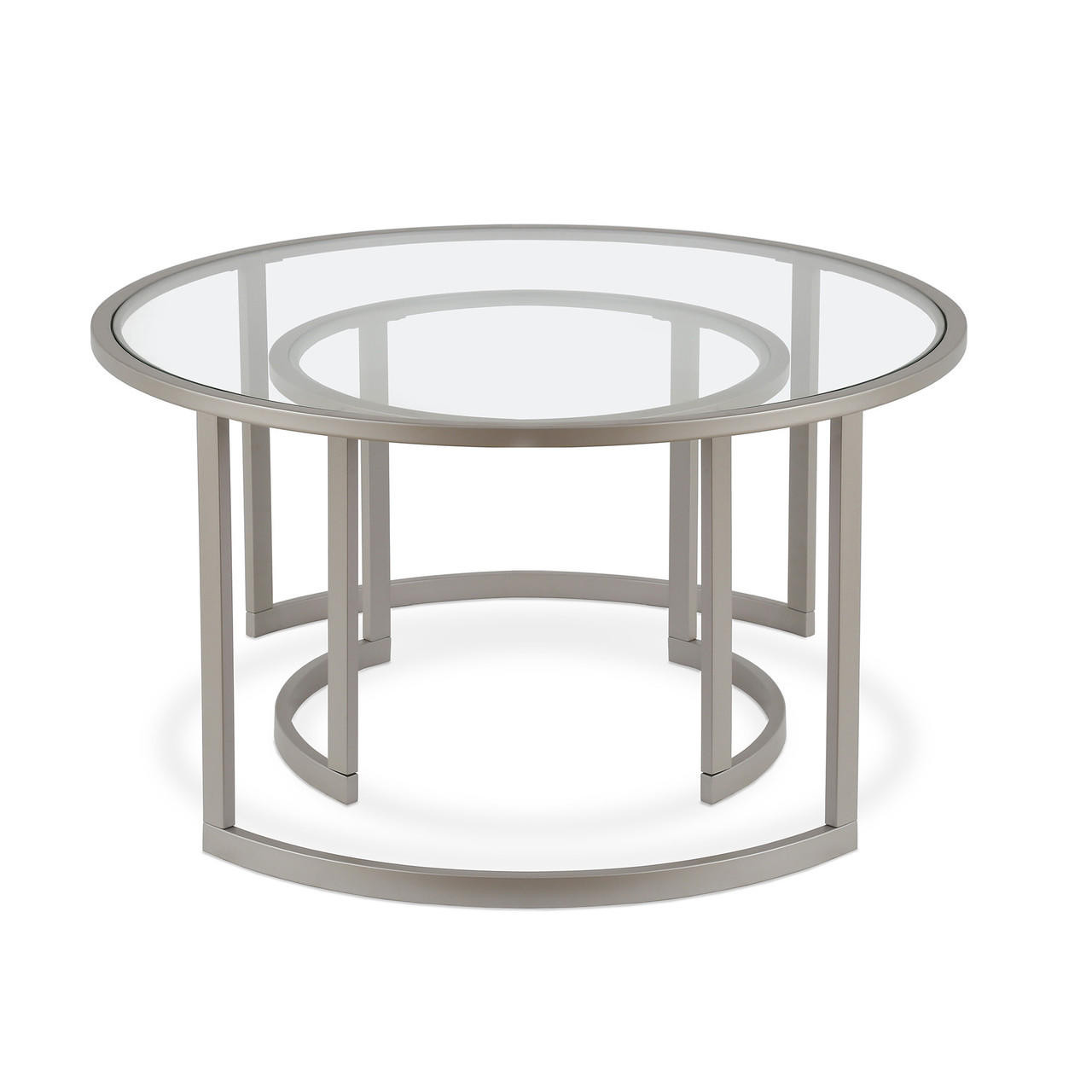 homeroots living room Set Of Two 36" Nickel and Glass Round Nested Coffee Tables 