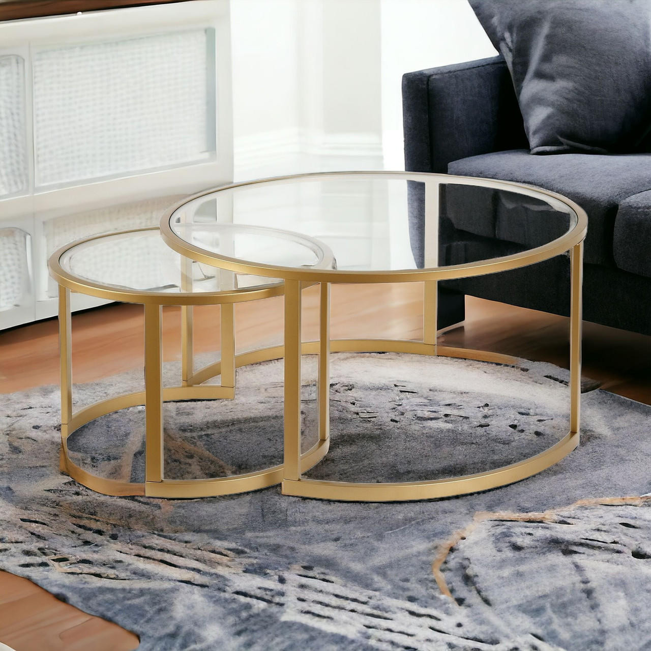 homeroots living room Set Of Two 36" Gold and Glass Round Nested Coffee Tables 