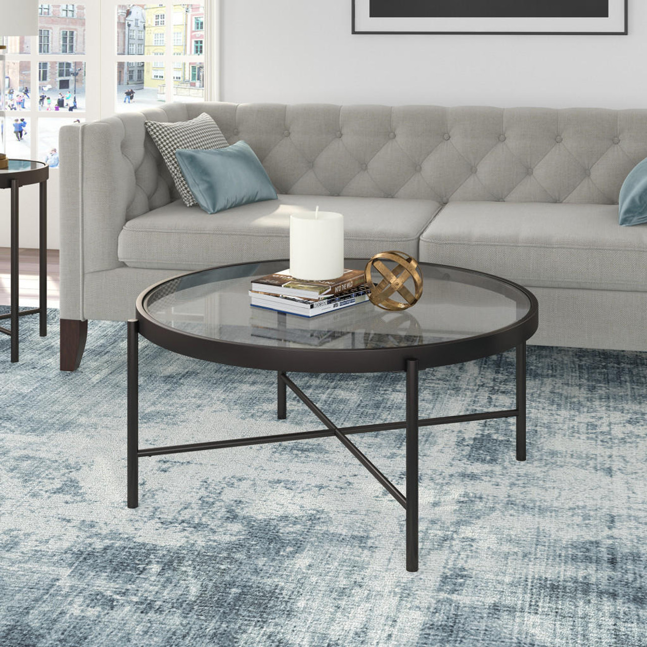 homeroots living room 36" Black and Glass Round Coffee Table 