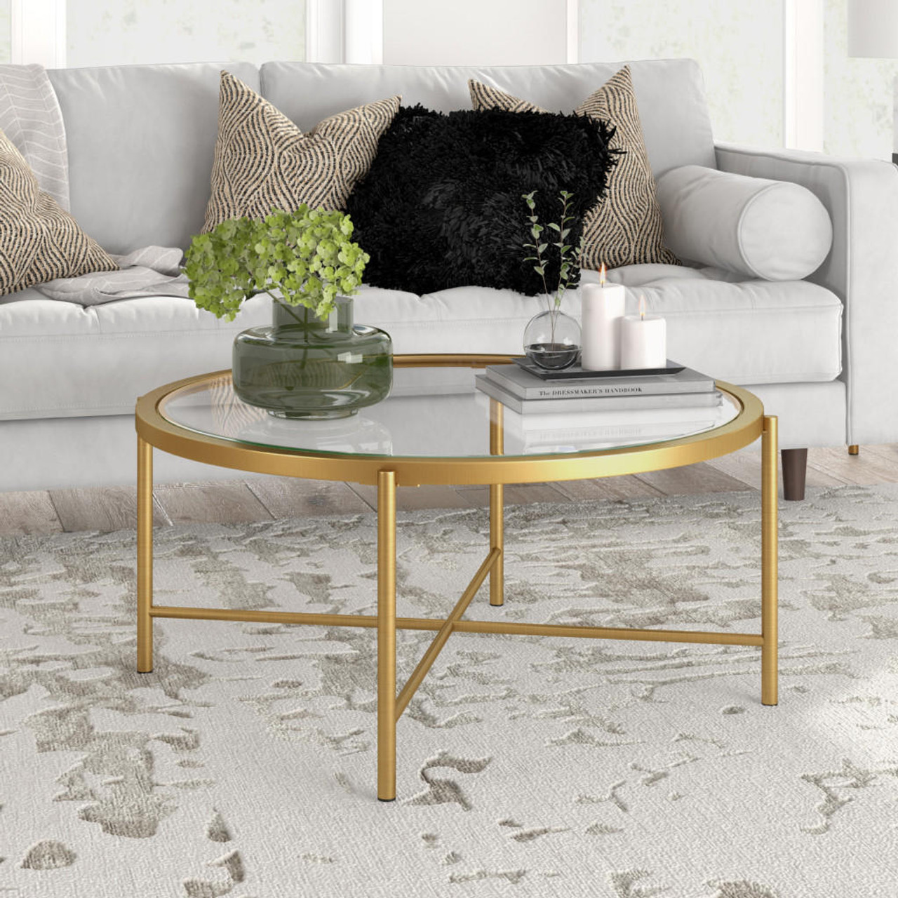 homeroots living room 36" Gold and Glass Round Coffee Table 