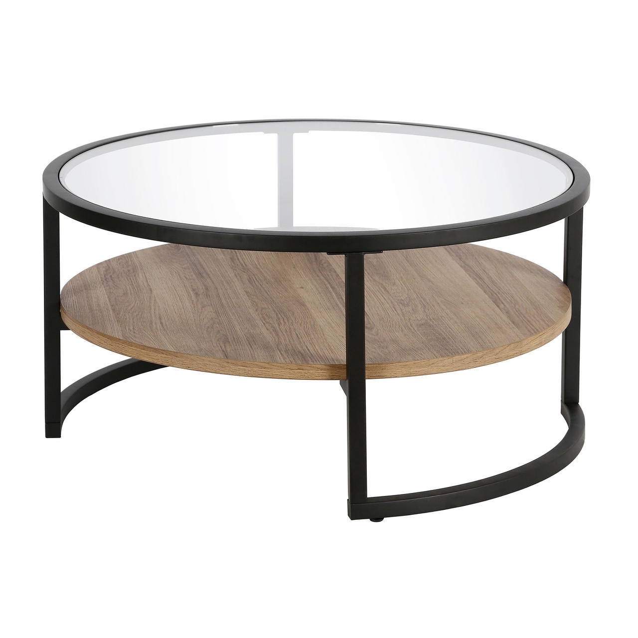 homeroots living room 34" Black Brown and Glass Round Coffee Table With Shelf 