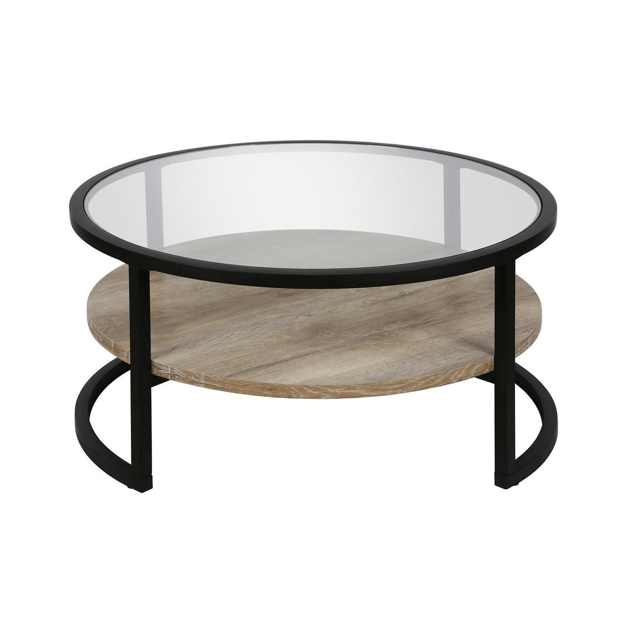 homeroots living room 34" Black Glass Round Coffee Table With Shelf 