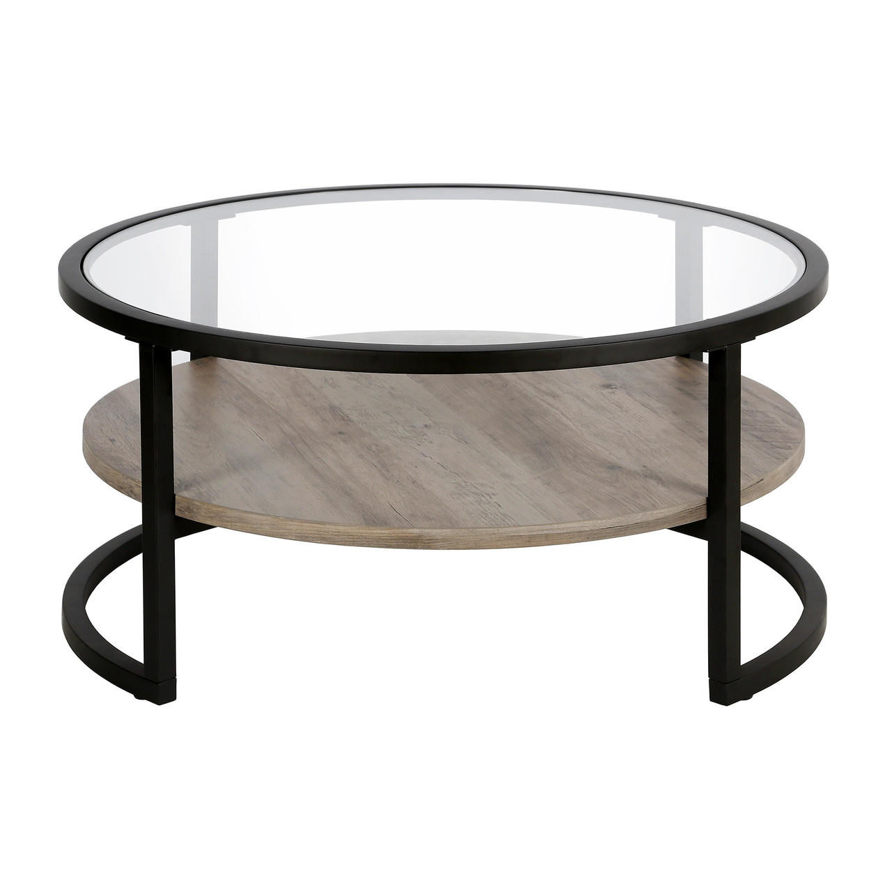 homeroots living room 34" Black Glass and Gray Round Coffee Table With Shelf 