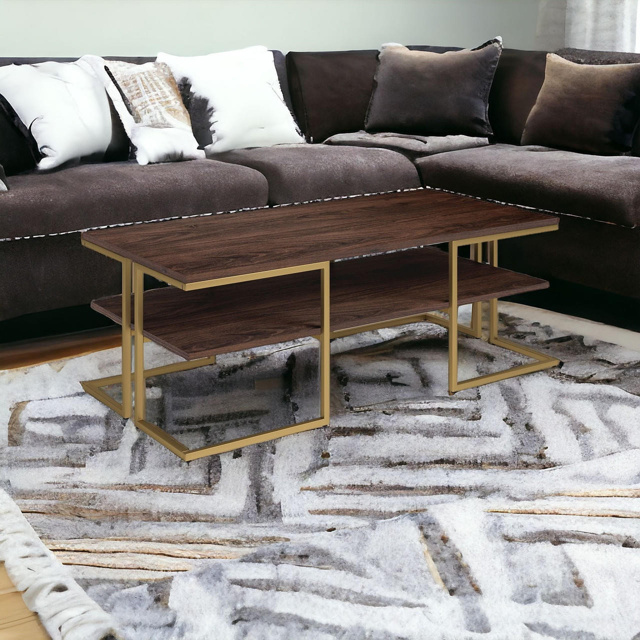 homeroots living room 45" Gold and Brown Rectangular Coffee Table With Shelf 