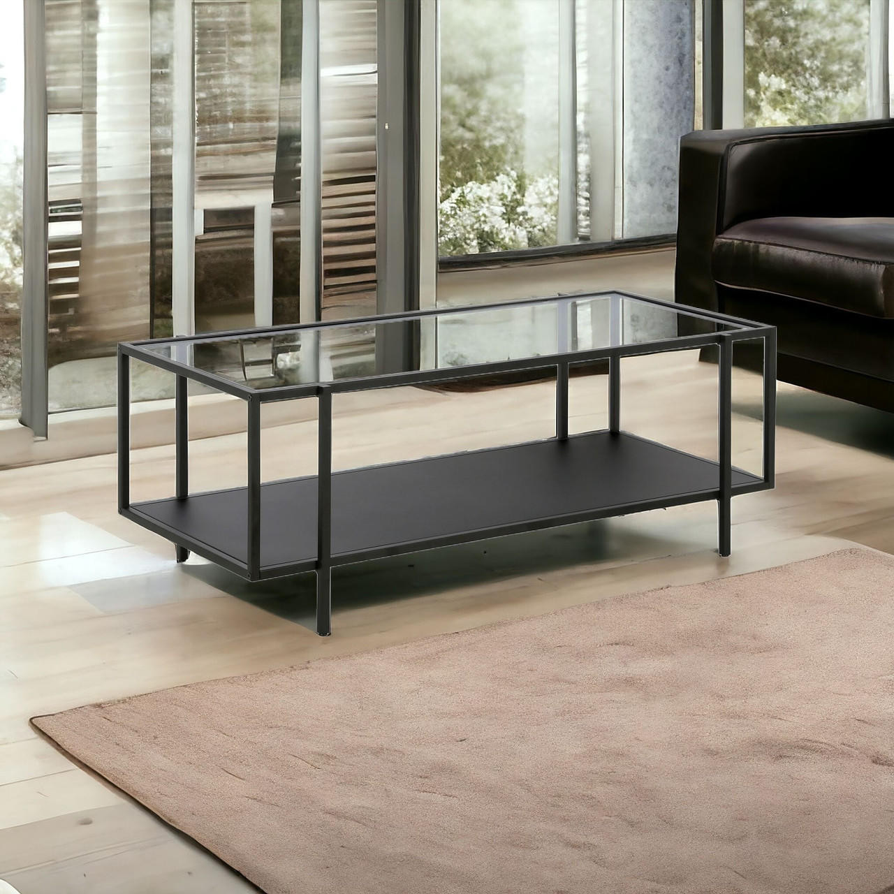 homeroots living room 45" Black And Clear Glass Rectangular Coffee Table With Shelf 