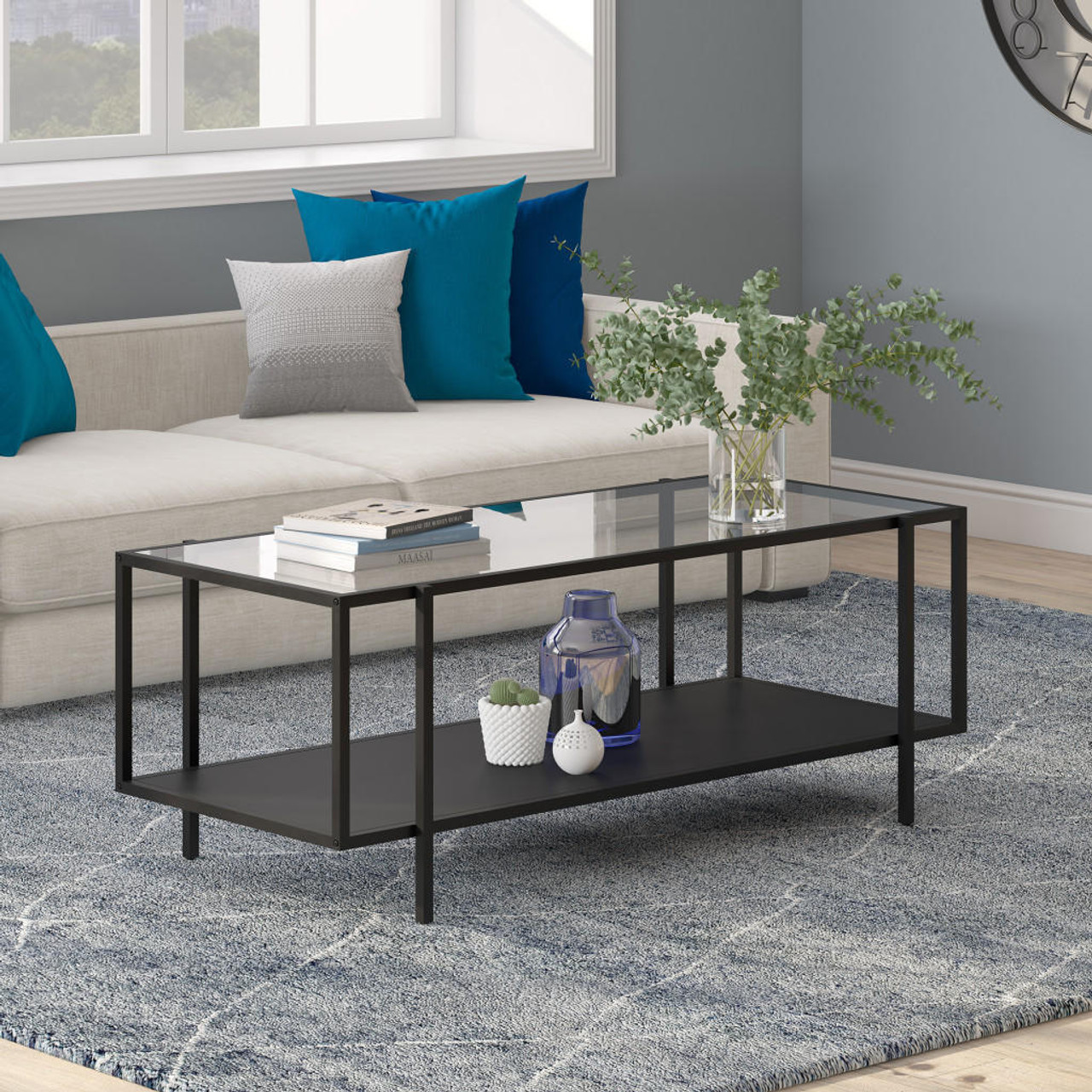 homeroots living room 45" Black And Clear Glass Rectangular Coffee Table With Shelf 