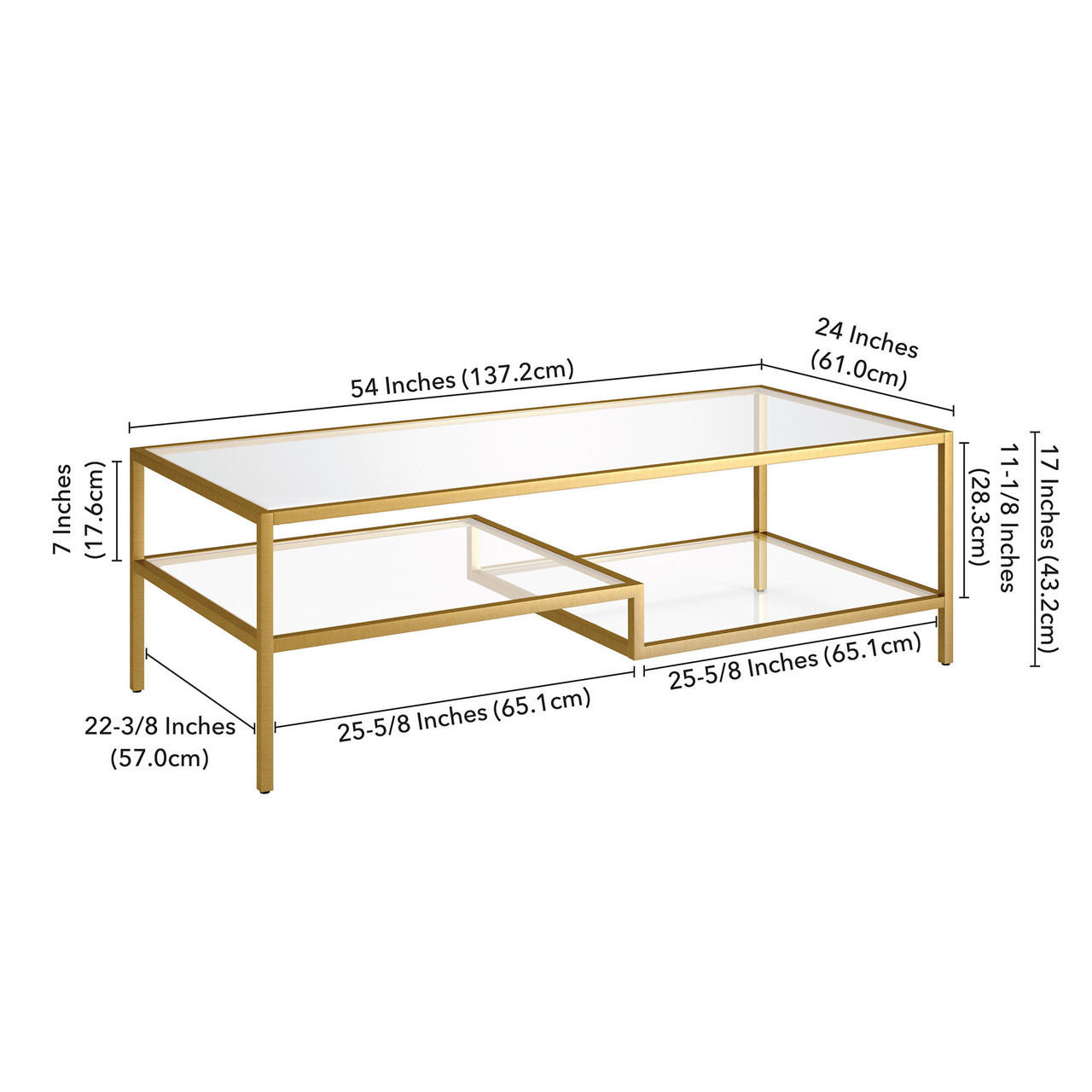 homeroots living room 54" Gold and Glass Rectangular Coffee Table With Two Shelves 