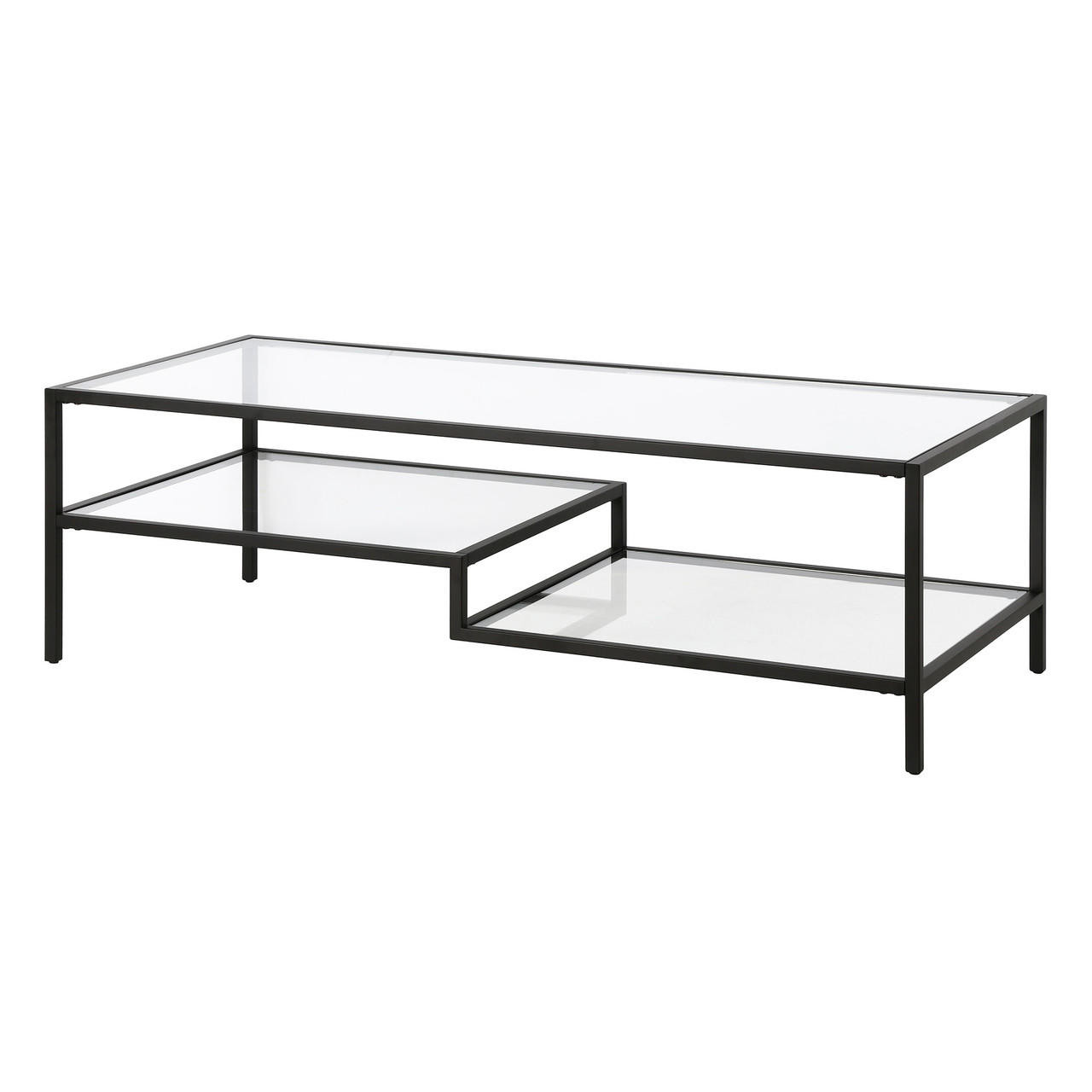 homeroots living room 54" Black and Glass Rectangular Coffee Table With Two Shelves 