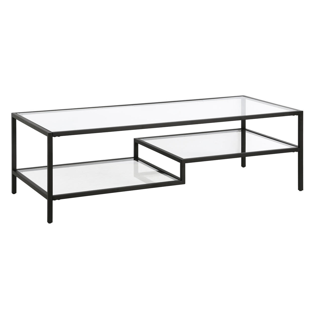 homeroots living room 54" Black and Glass Rectangular Coffee Table With Two Shelves 