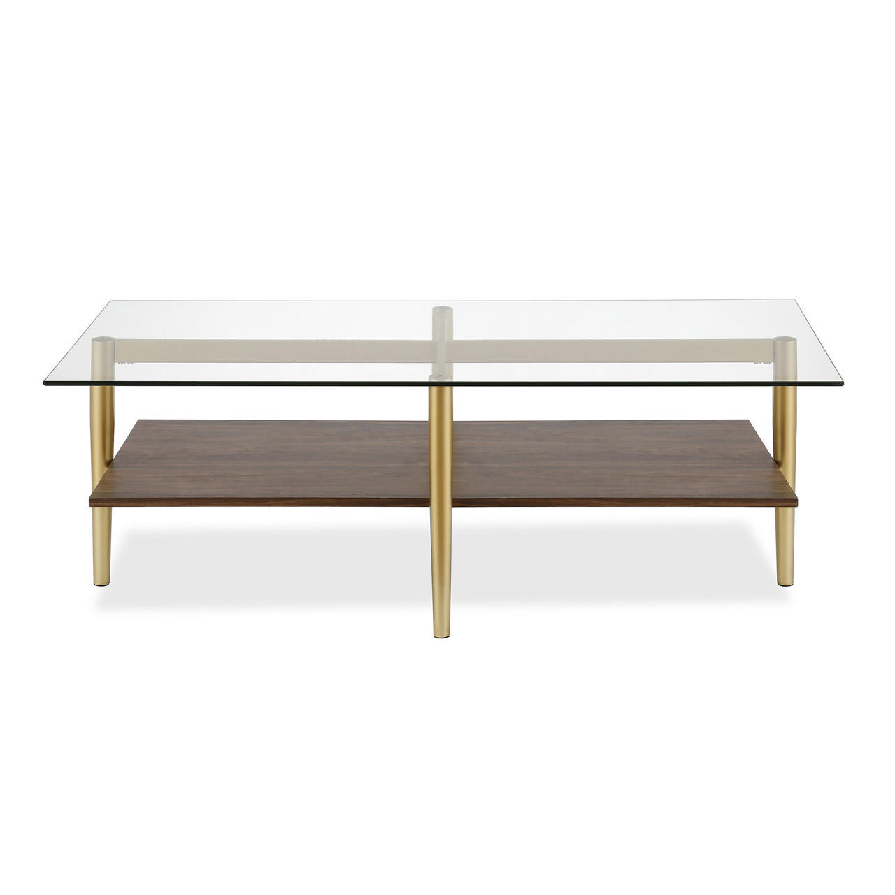 homeroots living room 47" Gold Glass and Walnut Rectangular Coffee Table With Shelf 