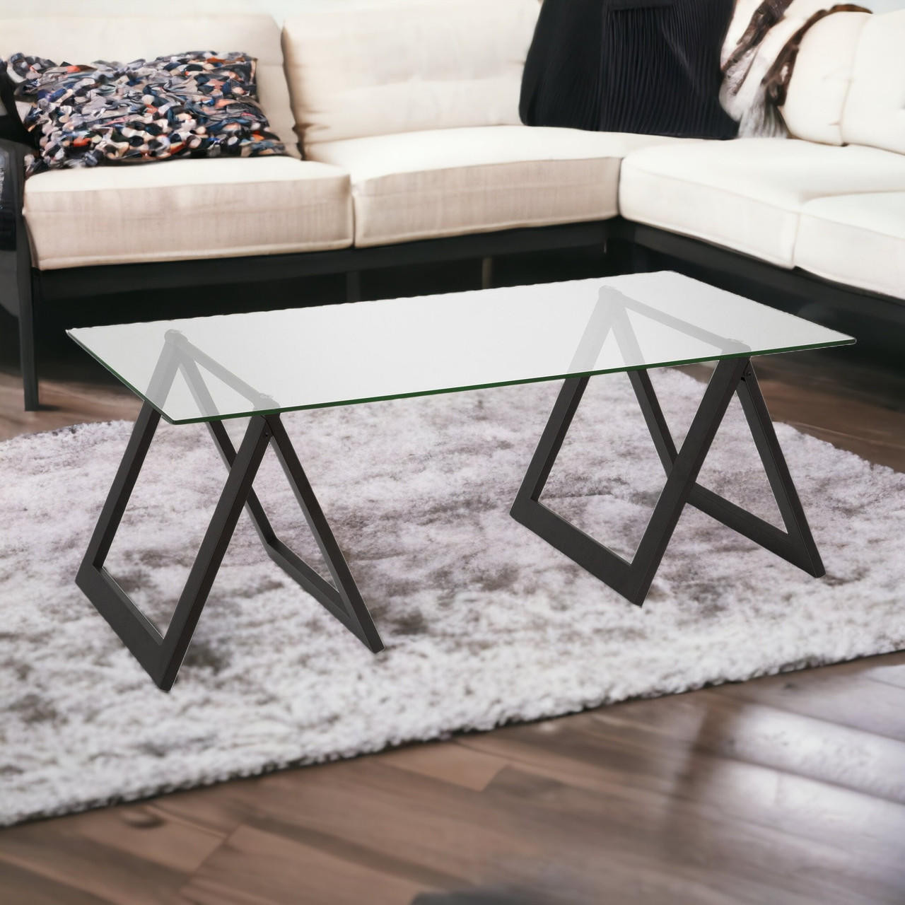 homeroots living room 46" Black and Glass Rectangular Sawhorse Base Coffee Table 