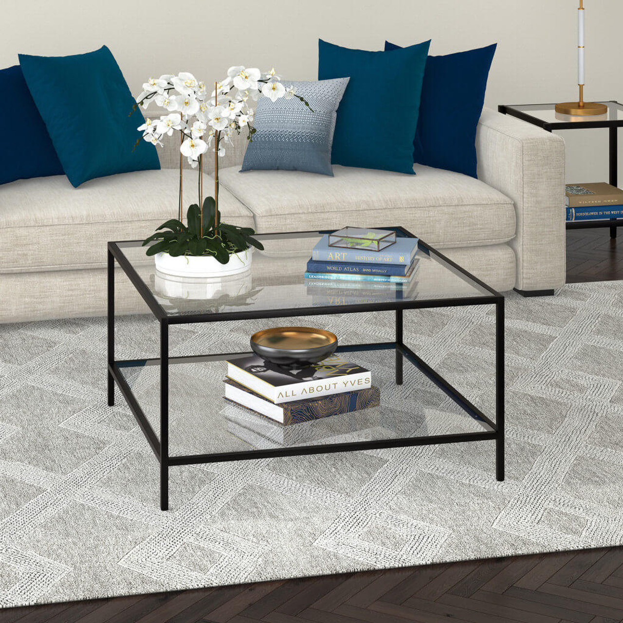 homeroots living room 32" Black and Glass Square Coffee Table With Shelf 