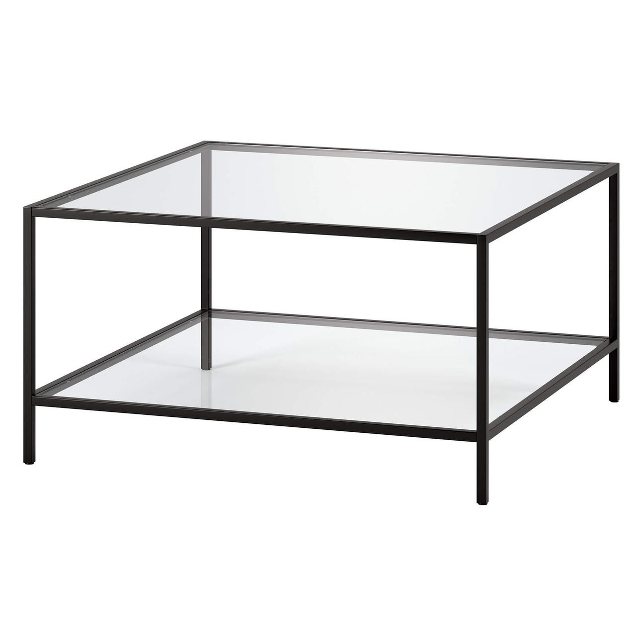 homeroots living room 32" Black and Glass Square Coffee Table With Shelf 