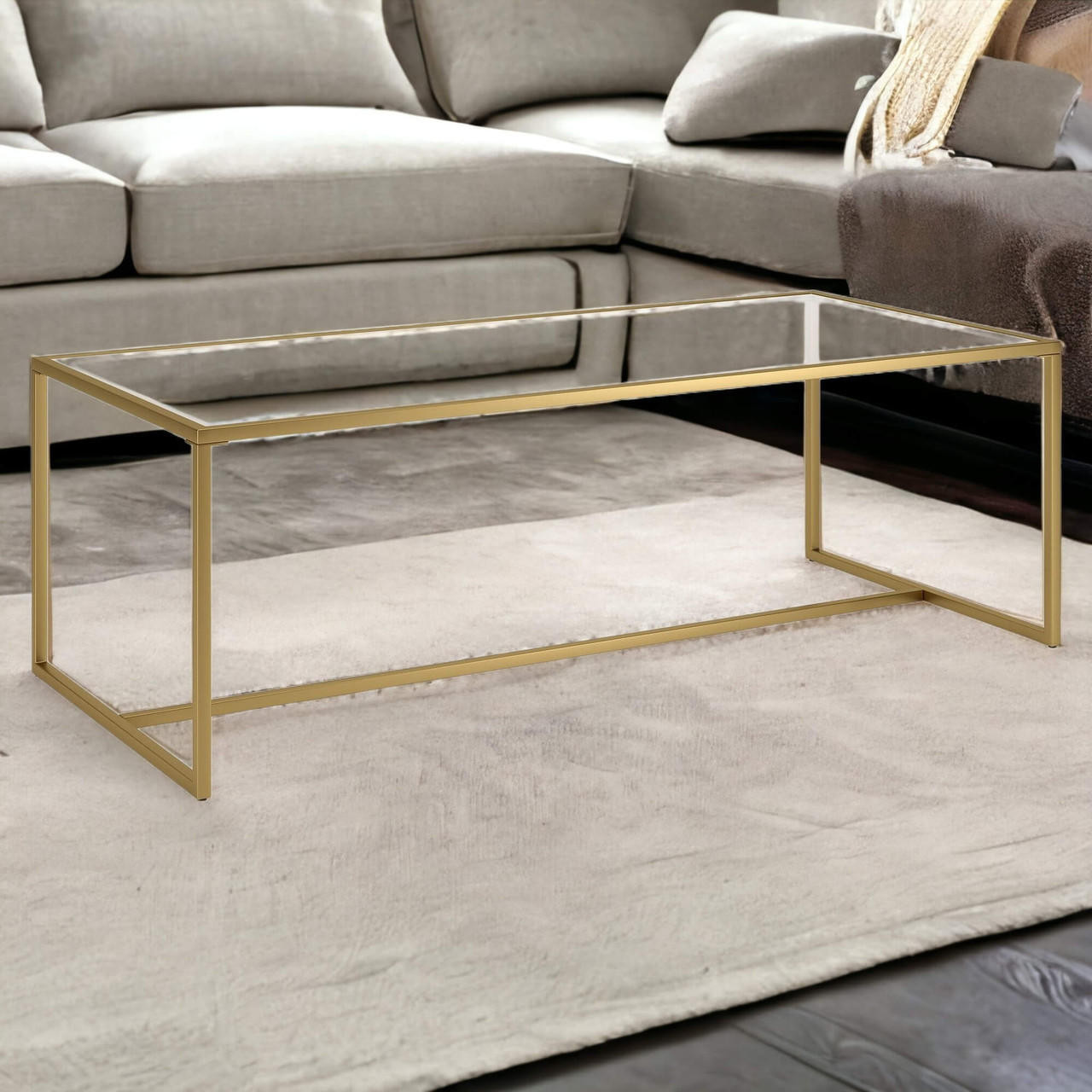 homeroots living room 47" Gold Glass Rectangular Sled Base Coffee Table 