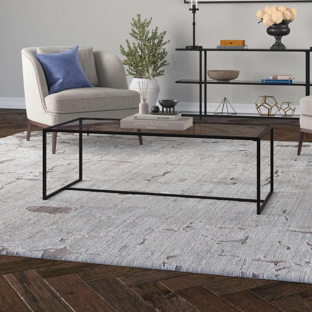 homeroots living room 47" Black and Glass Rectangular Sled Base Coffee Table 