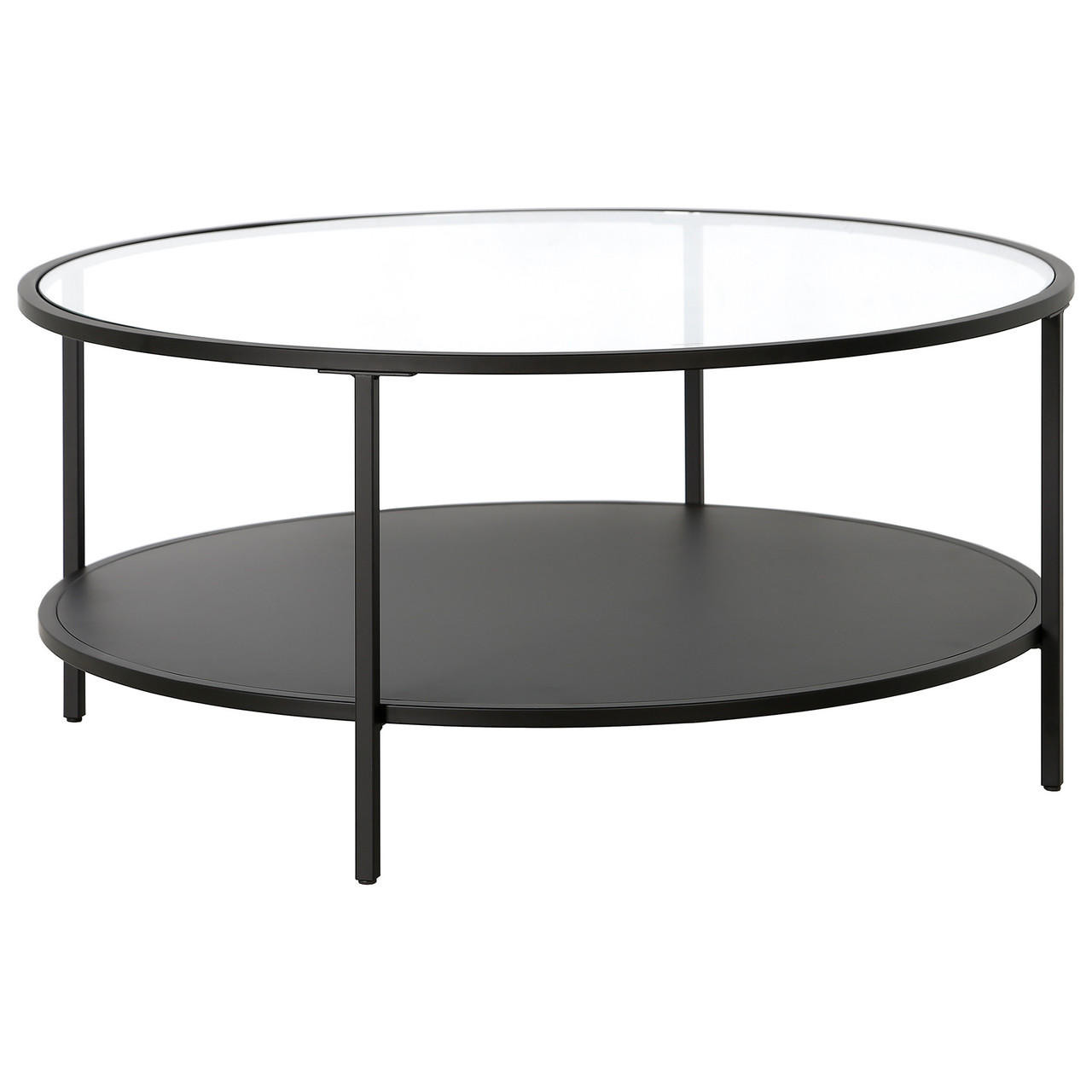 homeroots living room 36" Black Glass Round Coffee Table With Shelf 