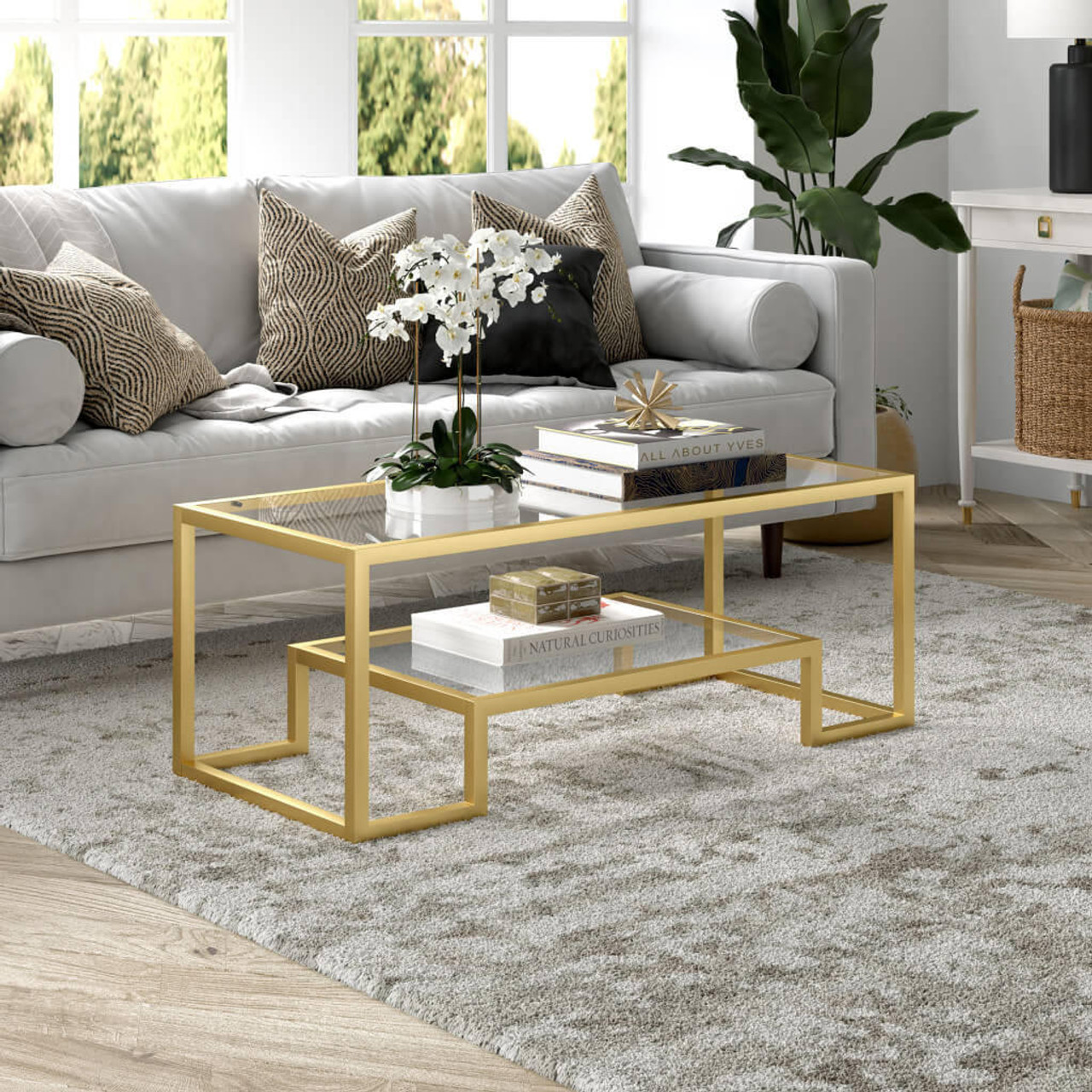 homeroots living room 45" Gold Glass Rectangular Coffee Table With Shelf - CP-HMEROOTS-520965 