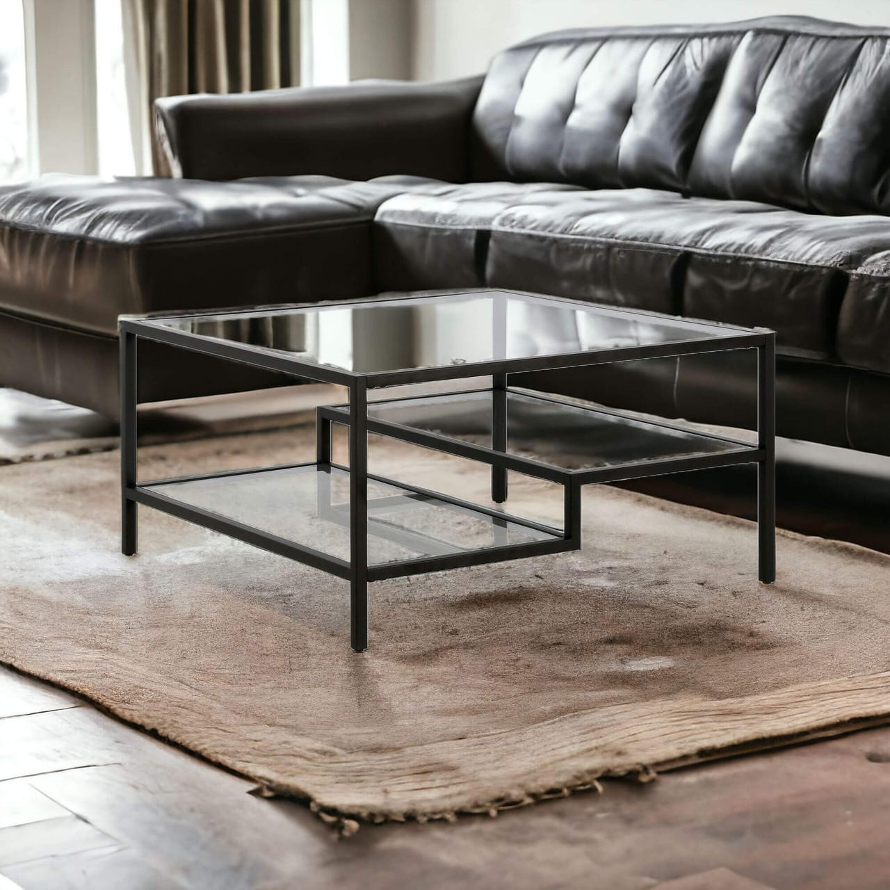 homeroots living room 32" Black Glass Square Coffee Table With Two Shelves 