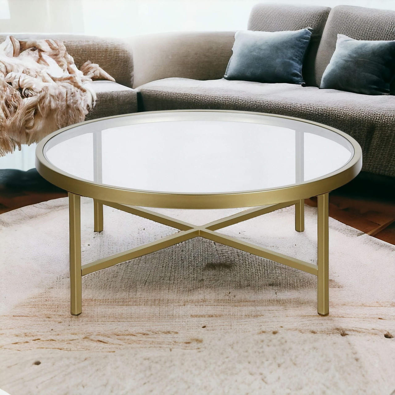 homeroots living room 36" Gold Glass Round Coffee Table 