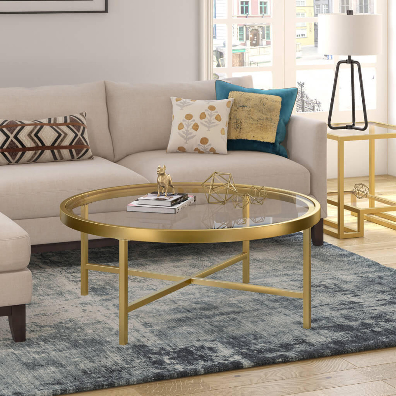 homeroots living room 36" Gold Glass Round Coffee Table 