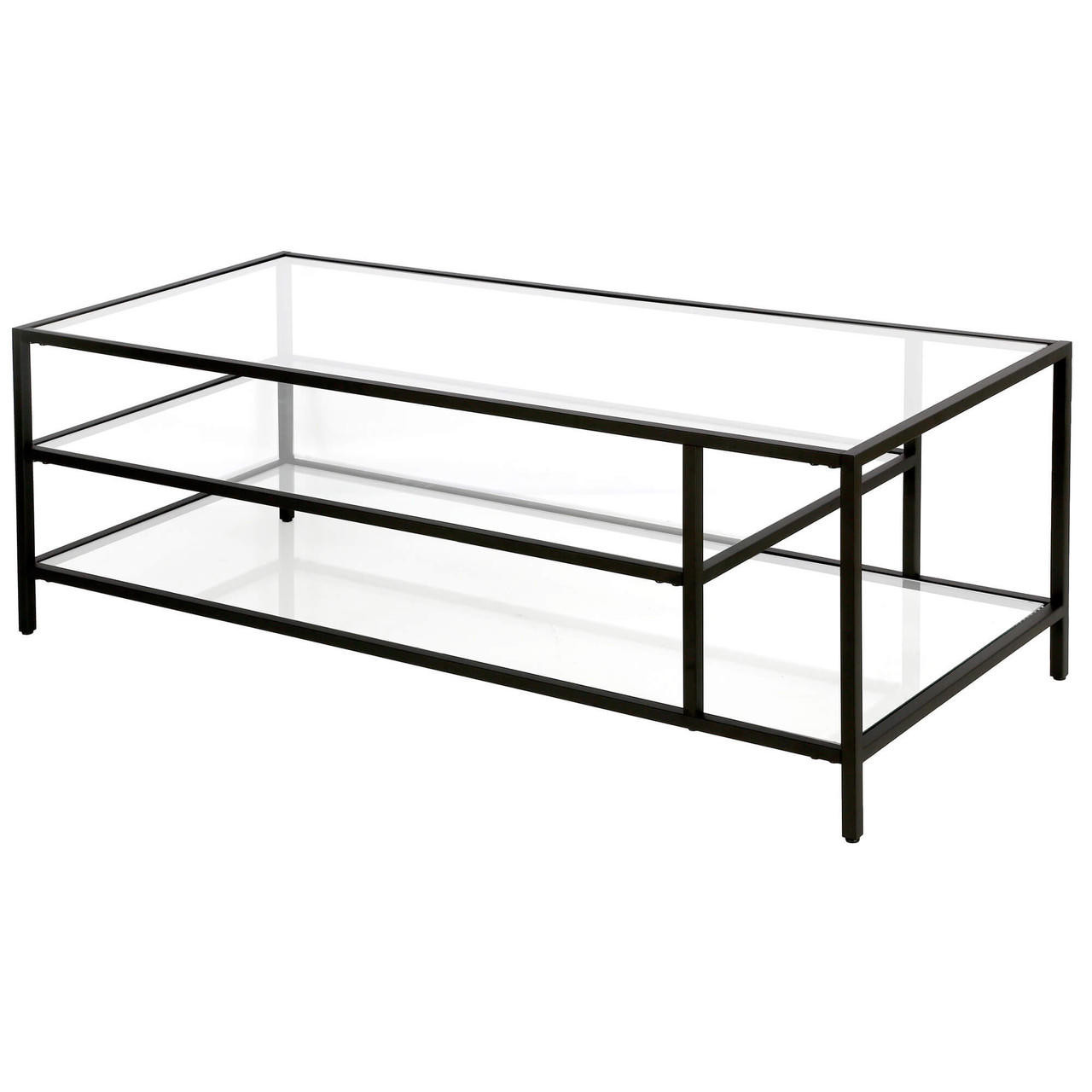 homeroots living room 46" Black Glass Rectangular Coffee Table With Two Shelves 