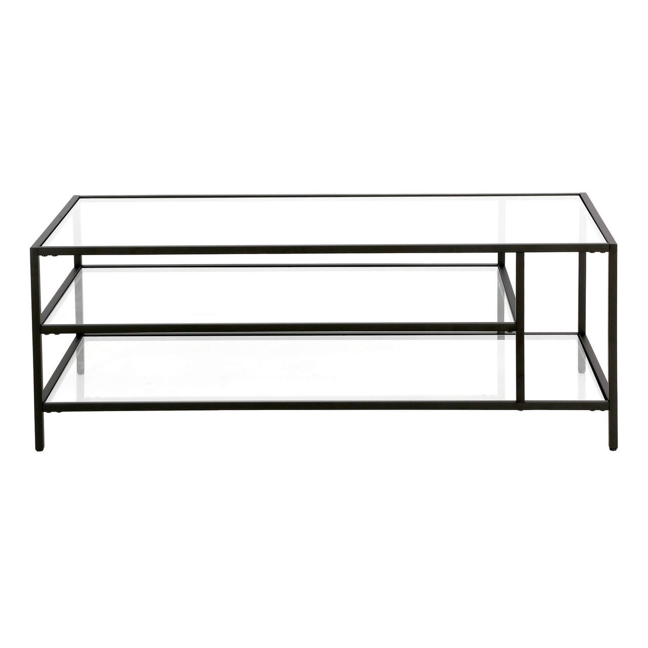 homeroots living room 46" Black Glass Rectangular Coffee Table With Two Shelves 