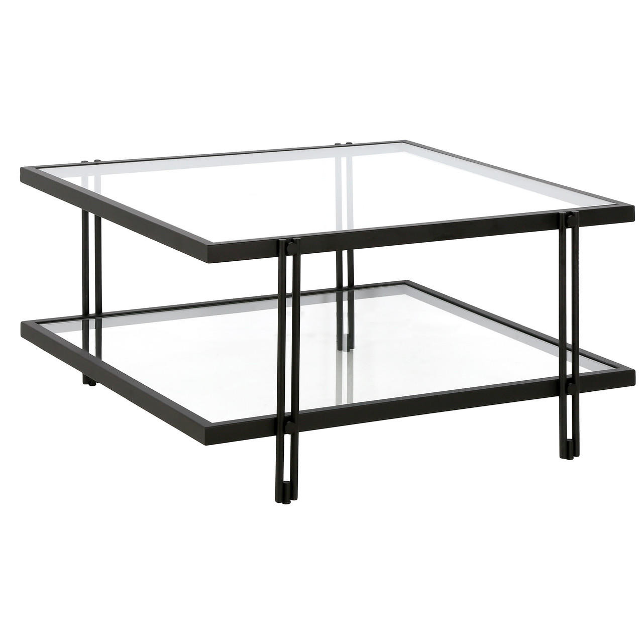 homeroots living room 32" Black Glass Square Coffee Table With Shelf 