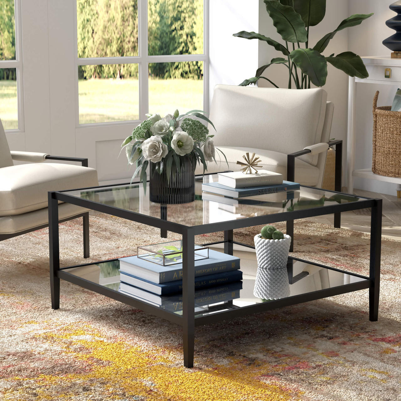 homeroots living room 32" Black Glass Square Coffee Table With Shelf - CP-HMEROOTS-520991 