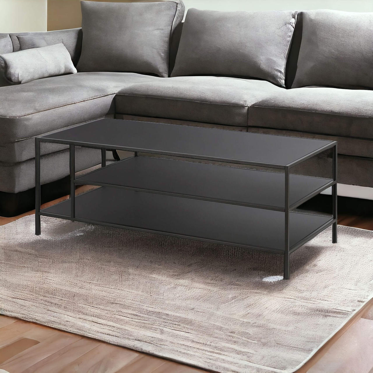 homeroots living room 46" Black Steel Rectangular Coffee Table With Two Shelves 