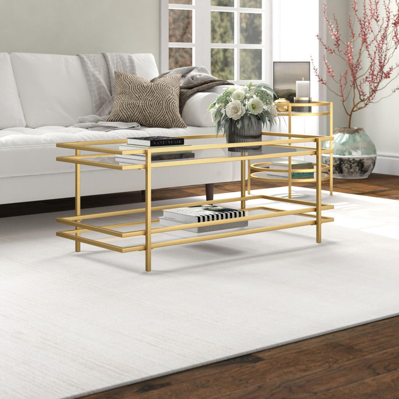 homeroots living room 45" Gold Glass Rectangular Coffee Table With Shelf - CP-HMEROOTS-520999 