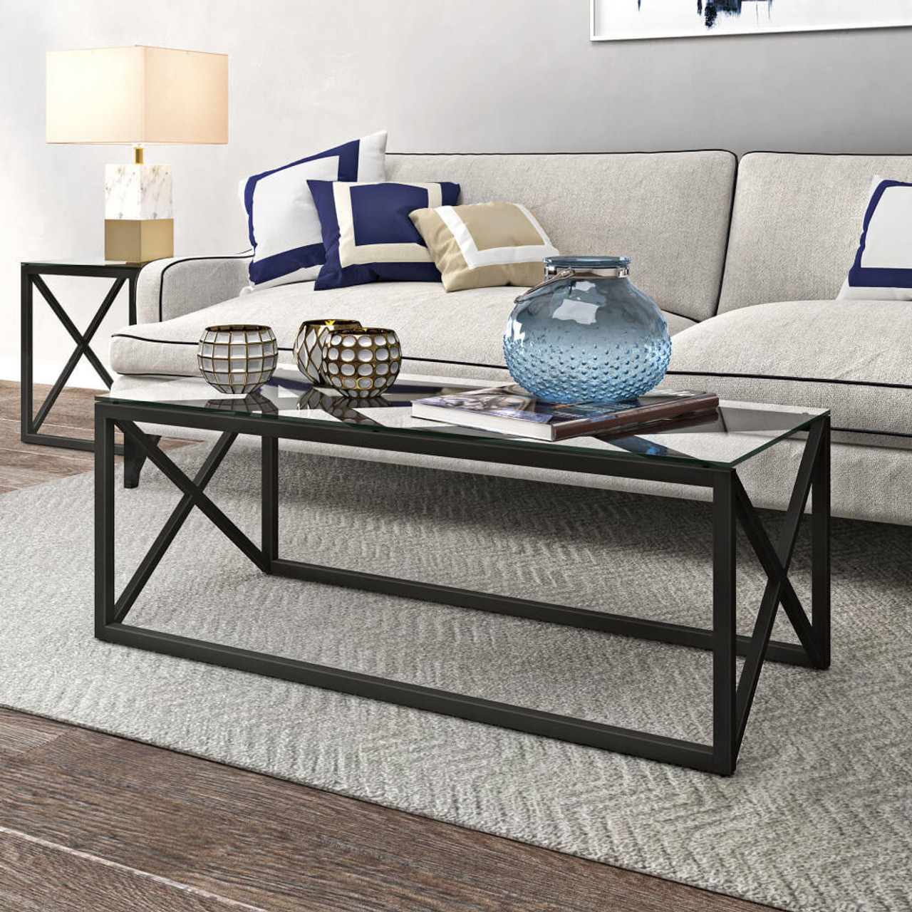 homeroots living room 46" Black Glass Rectangular Coffee Table 