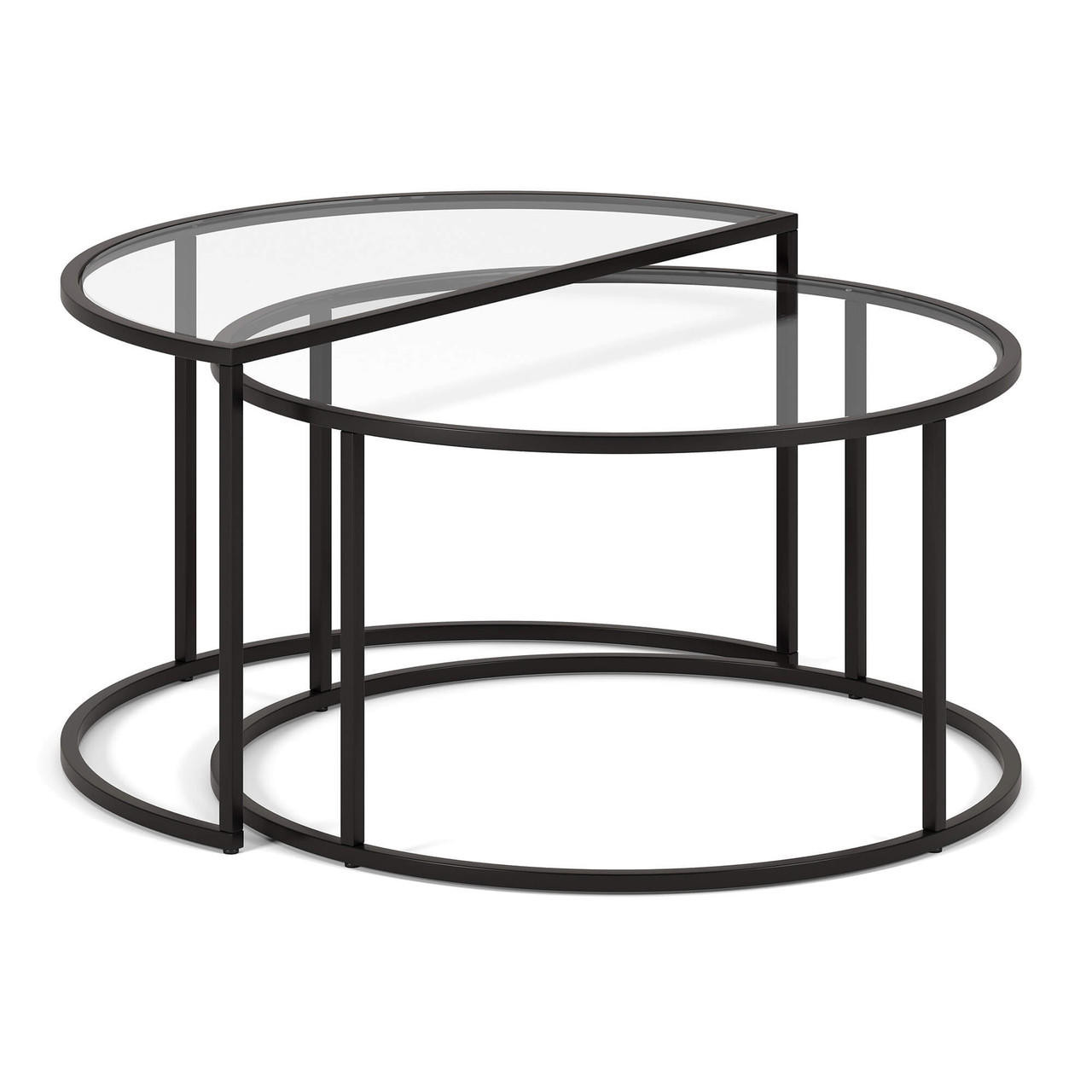 homeroots living room Set Of Two 33" Black Glass Half-Circle Nested Coffee Tables 