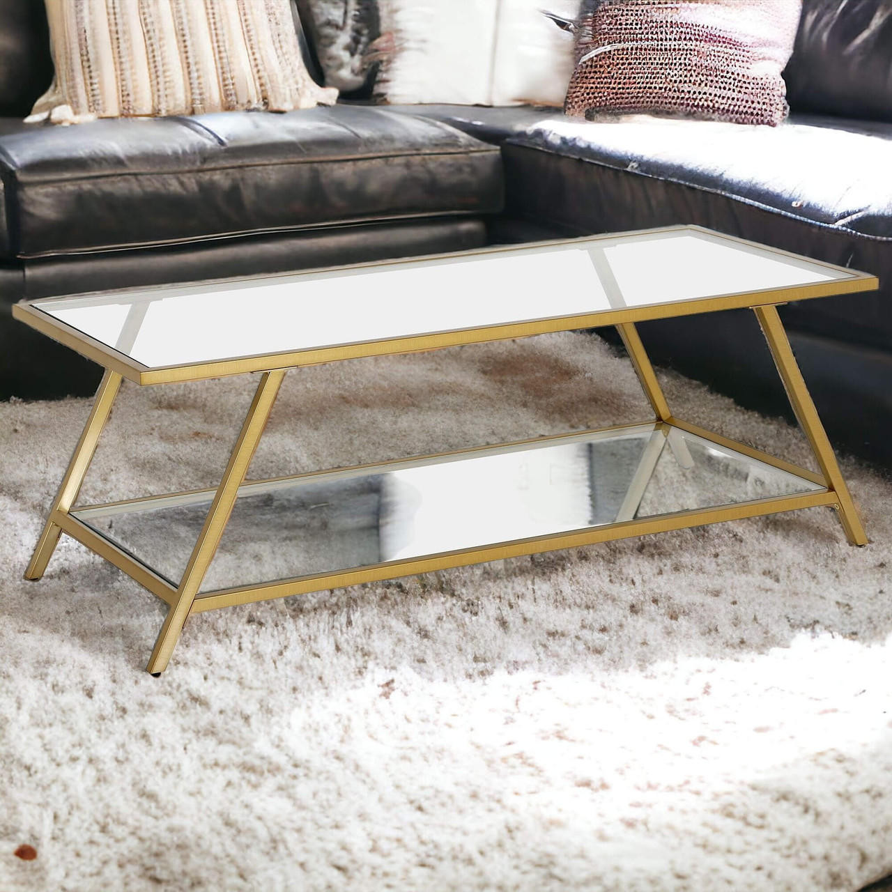 homeroots living room 48" Gold Glass Rectangular Coffee Table With Shelf 