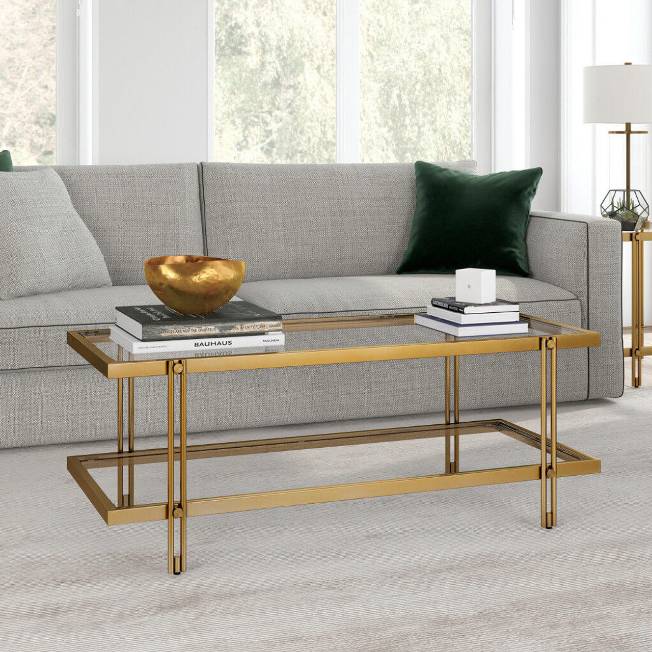 homeroots living room 45" Gold Glass Rectangular Coffee Table With Shelf - CP-HMEROOTS-521021 