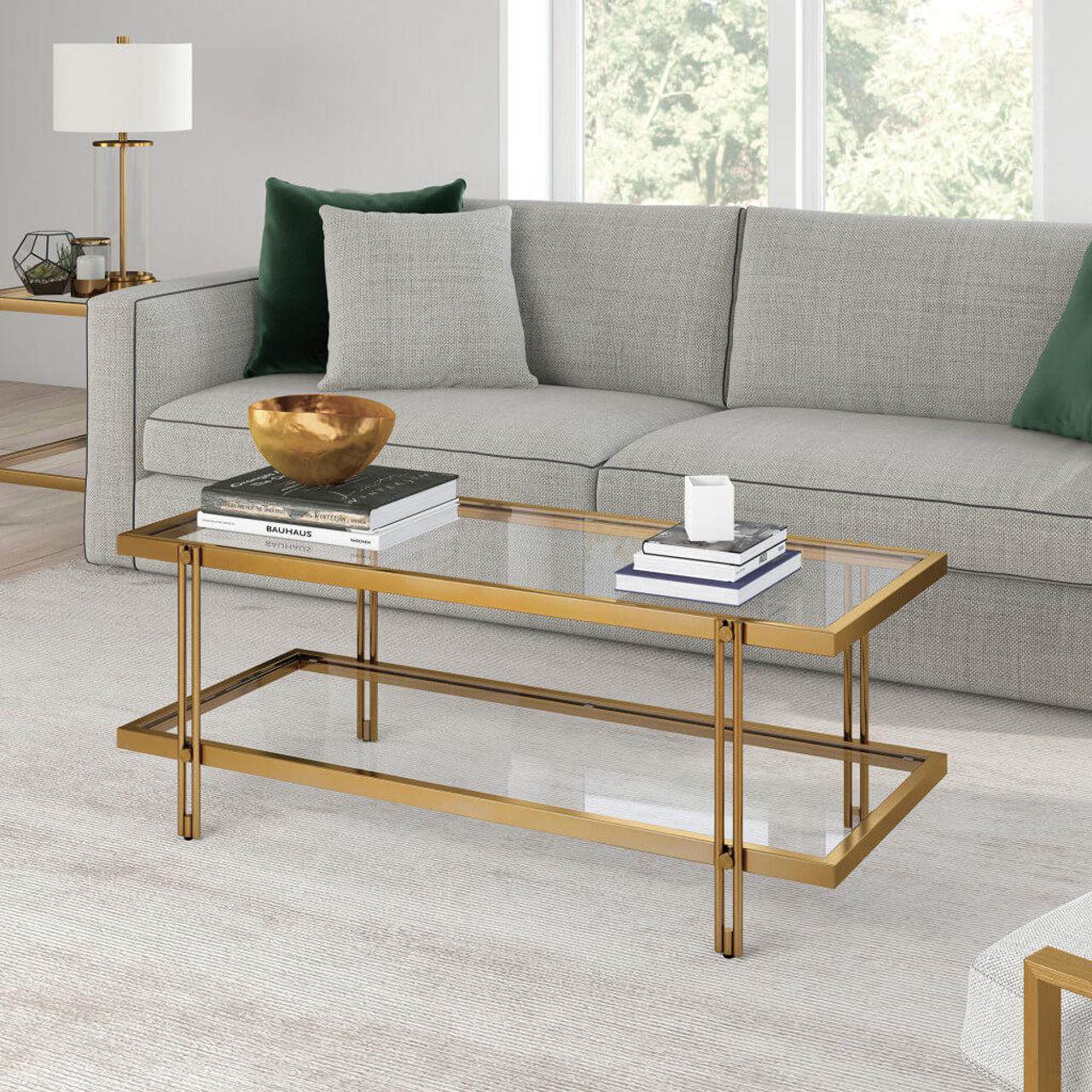 homeroots living room 45" Gold Glass Rectangular Coffee Table With Shelf - CP-HMEROOTS-521021 