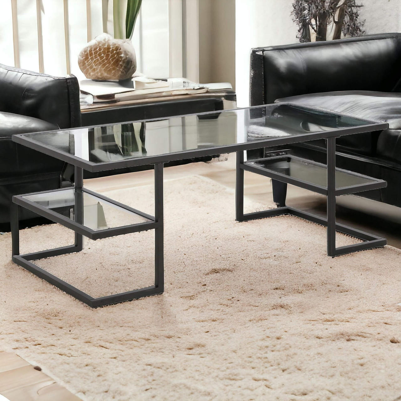homeroots living room 47" Black Glass Rectangular Coffee Table With Two Shelves 
