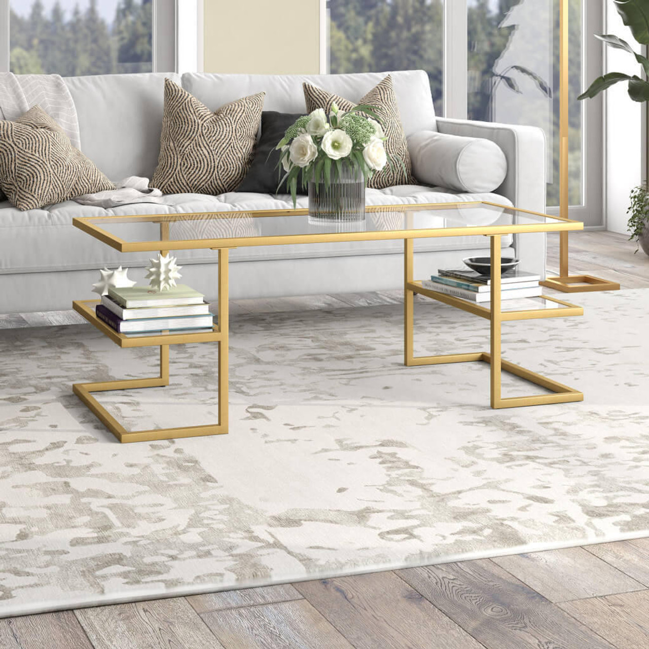 homeroots living room 47" Gold Glass Rectangular Coffee Table With Two Shelves 