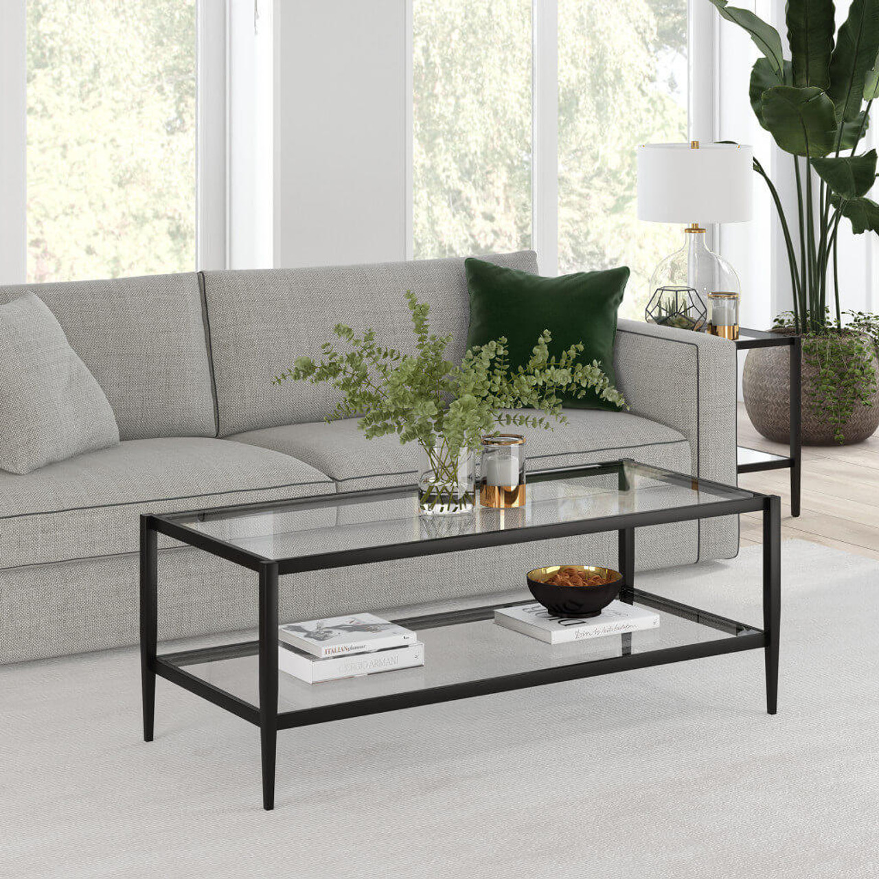 homeroots living room 45" Black Glass Rectangular Coffee Table With Shelf - CP-HMEROOTS-521037 