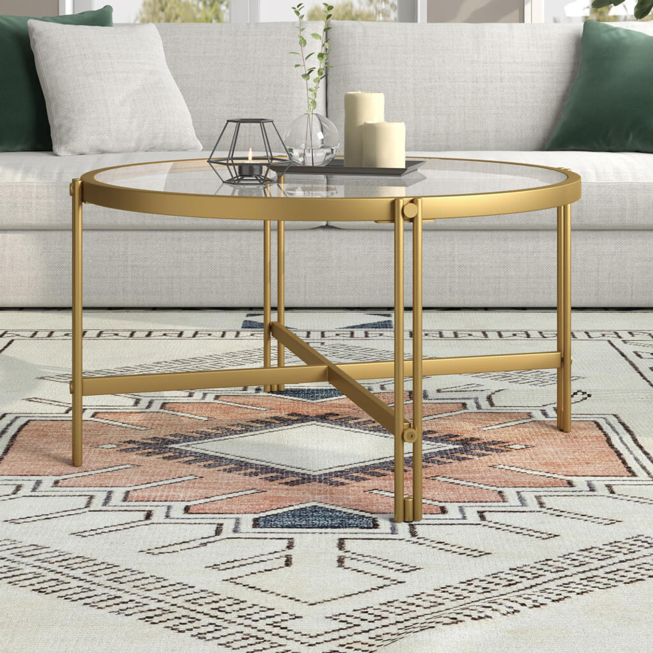 homeroots living room 32" Gold Glass Round Coffee Table 