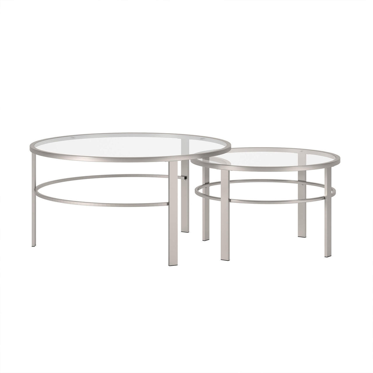 homeroots living room Set Of Two 36" Silver Glass Round Nested Coffee Tables 